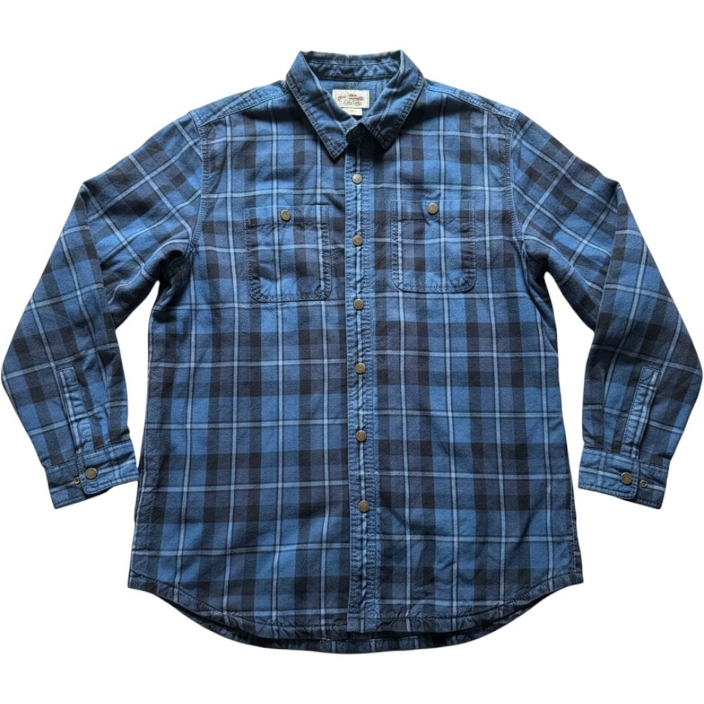 L.L.Bean Katahdin Iron Works L Blue Plaid Fleece Lined Flannel Shirt Jacket Snap